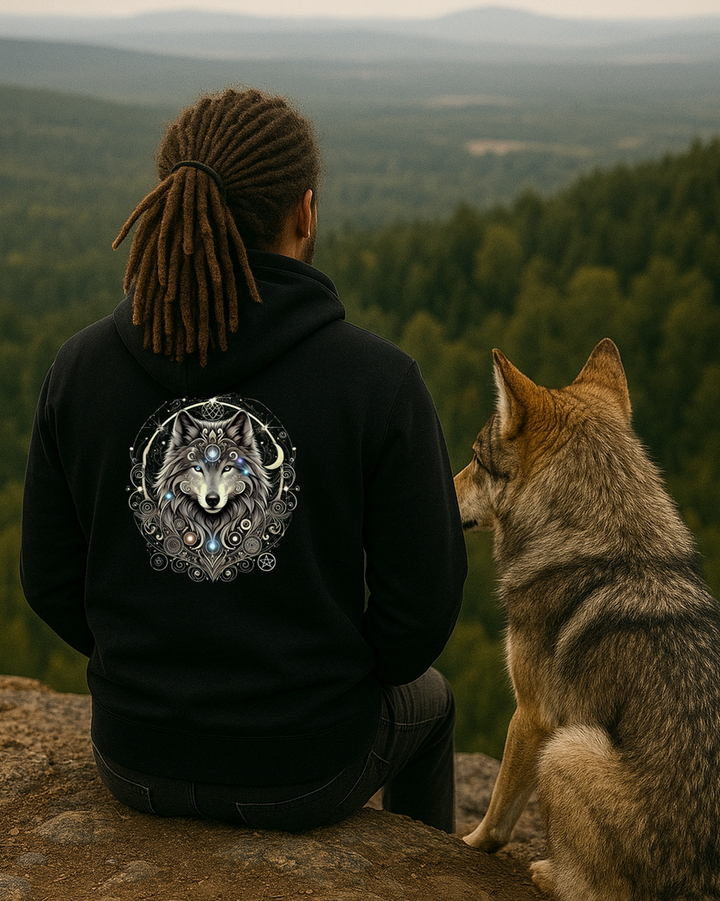 Mystik Wolf Premium Bio Hoodie 100 % Bio-Baumwolle Rückendruck