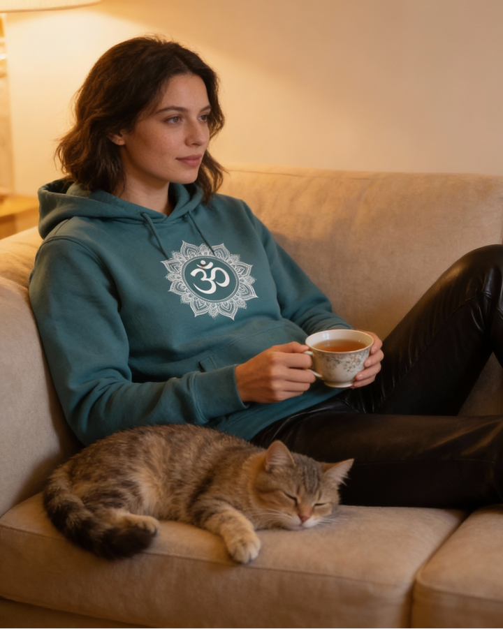 OM Lotus Silber Premium Bio Hoodie 100 % Bio-Baumwolle Unisex