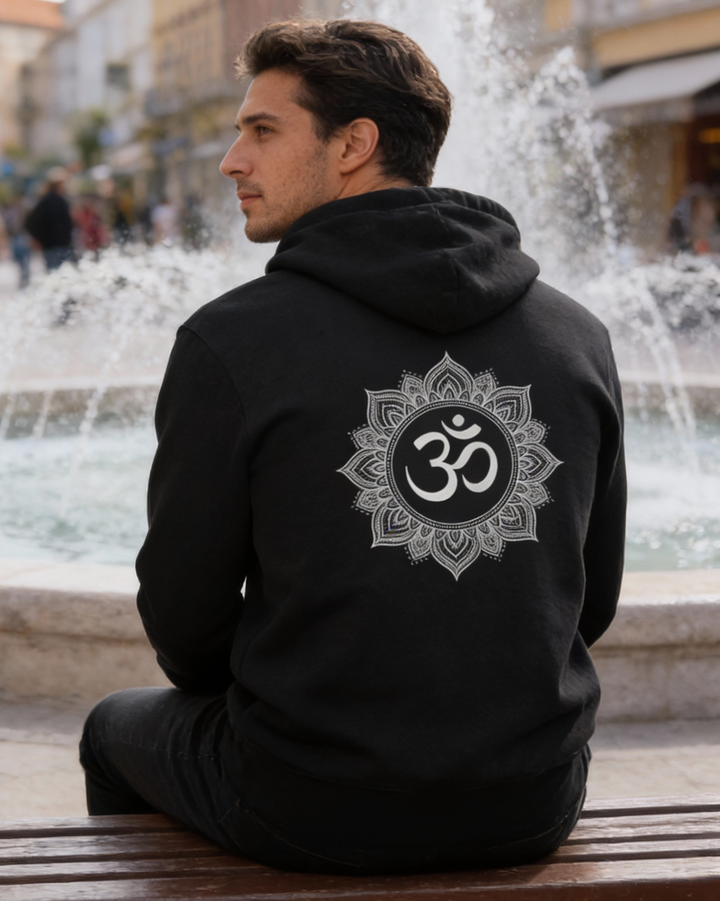 OM Lotus Silber Premium Bio Hoodie 100 % Bio-Baumwolle Rückendruck